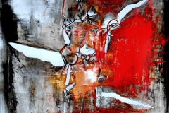 The red carpet of death, mixed media on ripped and tied canvas, 80 x 80 cm, 2014